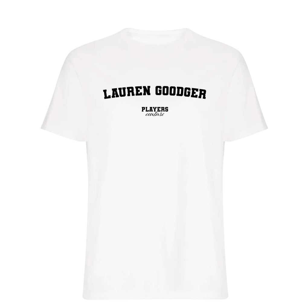 Lauren Goodger men's T-shirt in white with bold name lettering