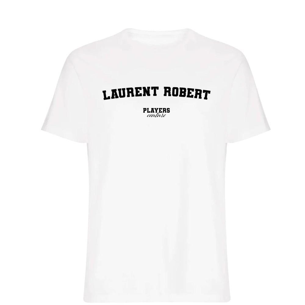 Laurent Robert men's T-shirt in white with bold name lettering