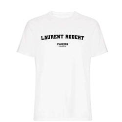 Laurent Robert men's T-shirt in white with bold name lettering