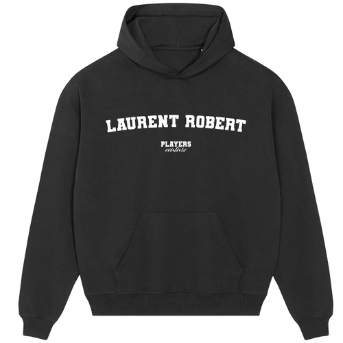 Laurent Robert hoodie – black men's hoodie with white Laurent Robert letters and Players Couture logo on the chest
