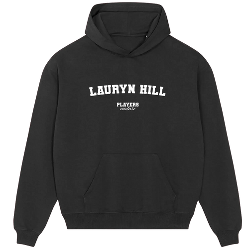 Lauryn Hill hoodie – black men's hoodie with white Lauryn Hill letters and Players Couture logo on the chest