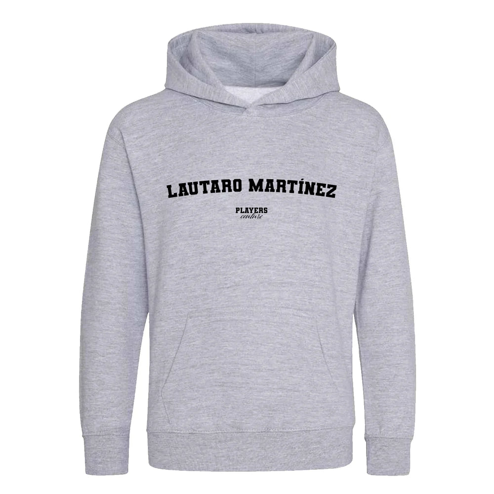 Lautaro Martínez hoodie – grey kids' hoodie with black Lautaro Martínez letters and Players Couture logo on the chest