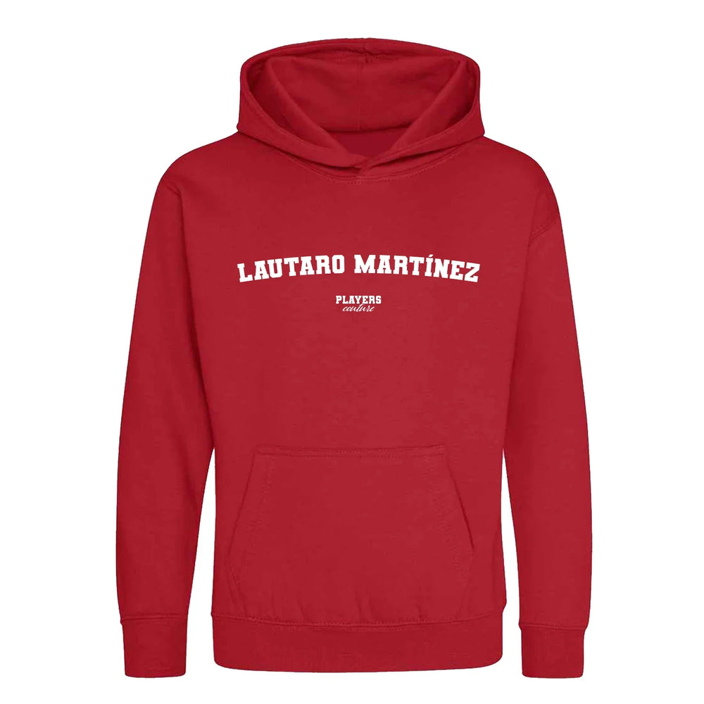 Lautaro Martínez hoodie – red kids' hoodie with white Lautaro Martínez letters and Players Couture logo on the chest