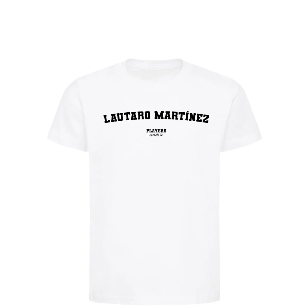 Lautaro Martínez t-shirt – white kids' t-shirt with black Lautaro Martínez letters and Players Couture logo on the chest