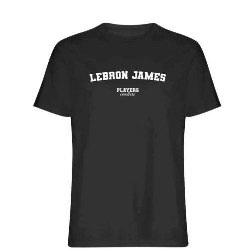 LeBron James t-shirt – black men's t-shirt with white LeBron James letters and Players Couture logo on the chest