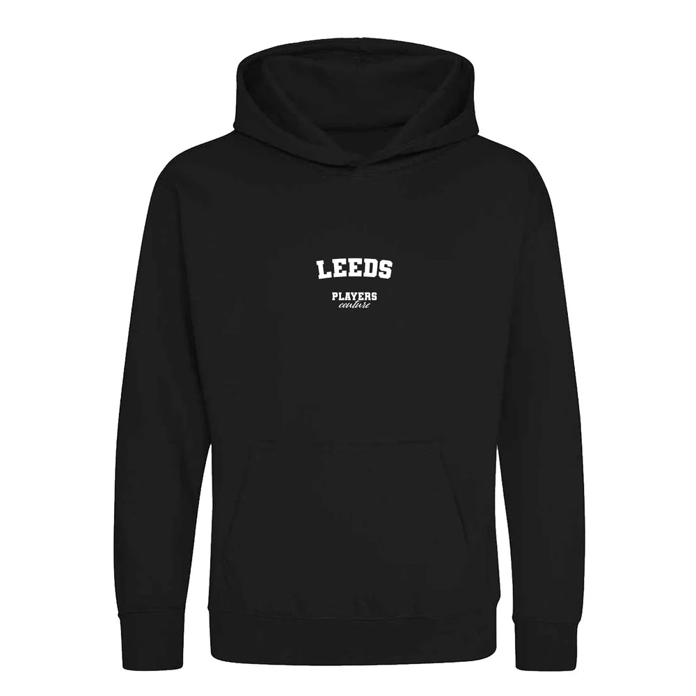 Leeds hoodie – black kids' hoodie with white Leeds letters and Players Couture logo on the chest