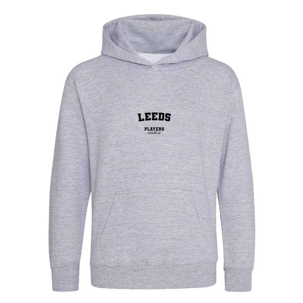 Leeds hoodie – grey kids' hoodie with black Leeds letters and Players Couture logo on the chest