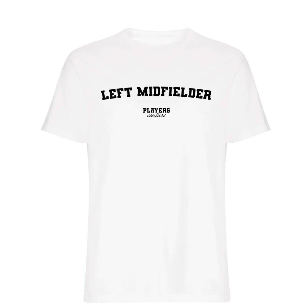 Left Midfielder men's T-shirt in white with bold name lettering