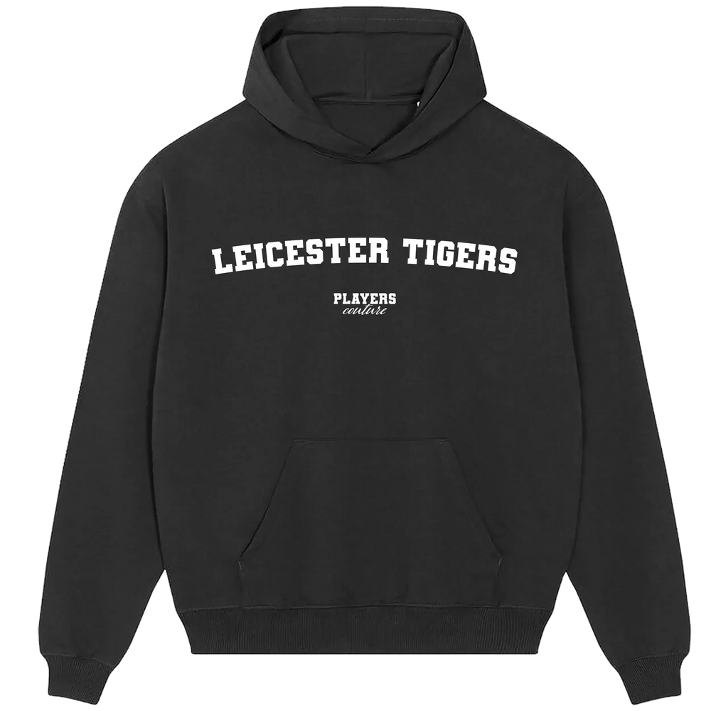 Leicester Tigers hoodie – black men's hoodie with white Leicester Tigers letters and Players Couture logo on the chest