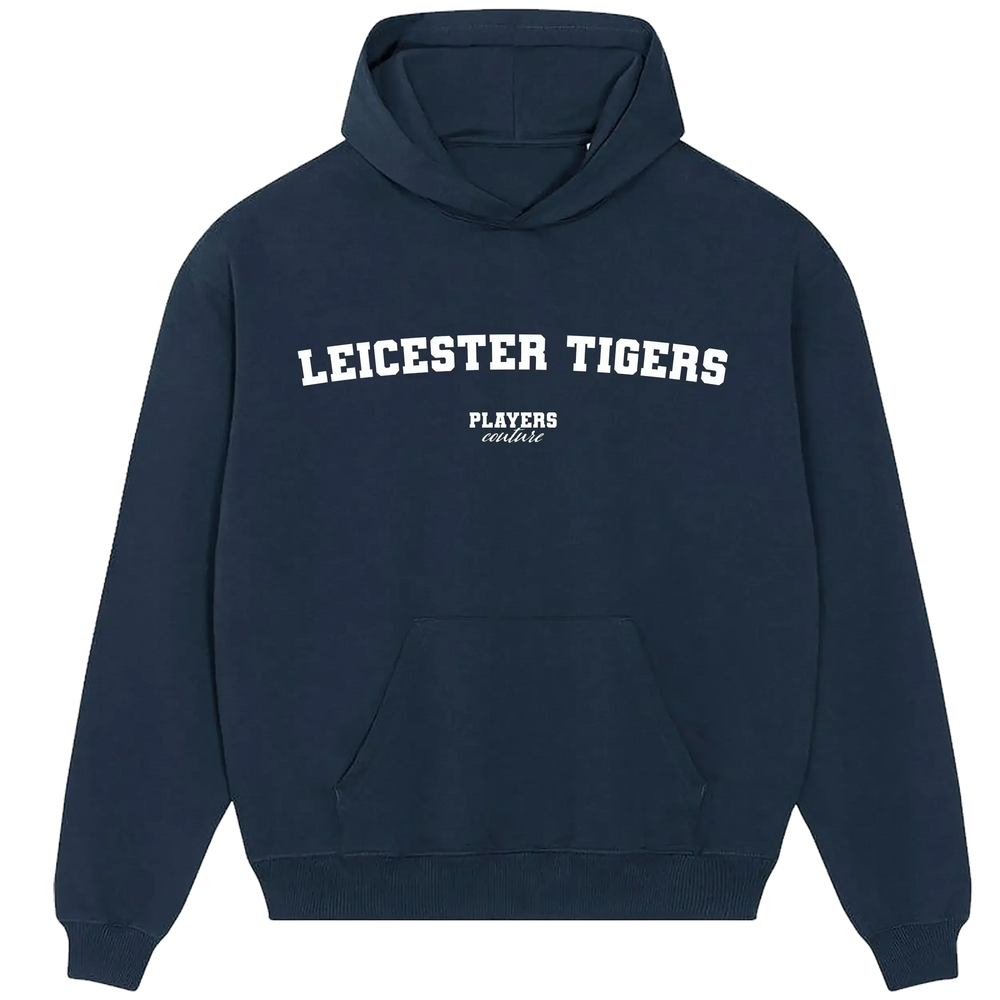 Leicester Tigers hoodie – navy men's hoodie with white Leicester Tigers letters and Players Couture logo on the chest