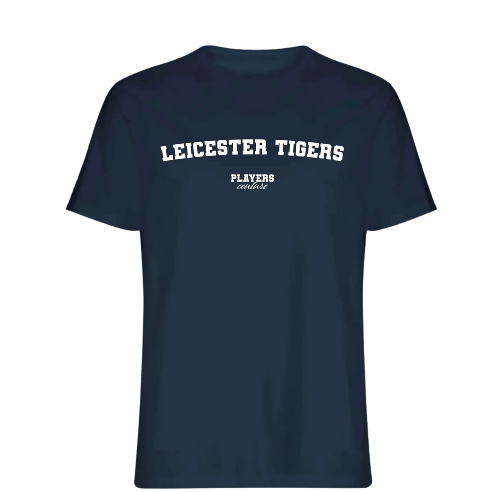 Leicester Tigers t-shirt – navy men's t-shirt with white Leicester Tigers letters and Players Couture logo on the chest