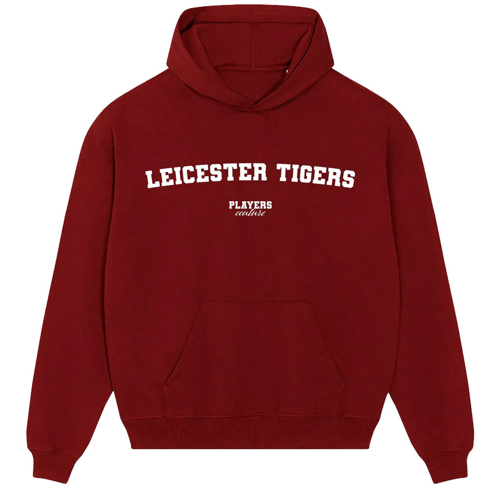 Leicester Tigers hoodie – red men's hoodie with white Leicester Tigers letters and Players Couture logo on the chest