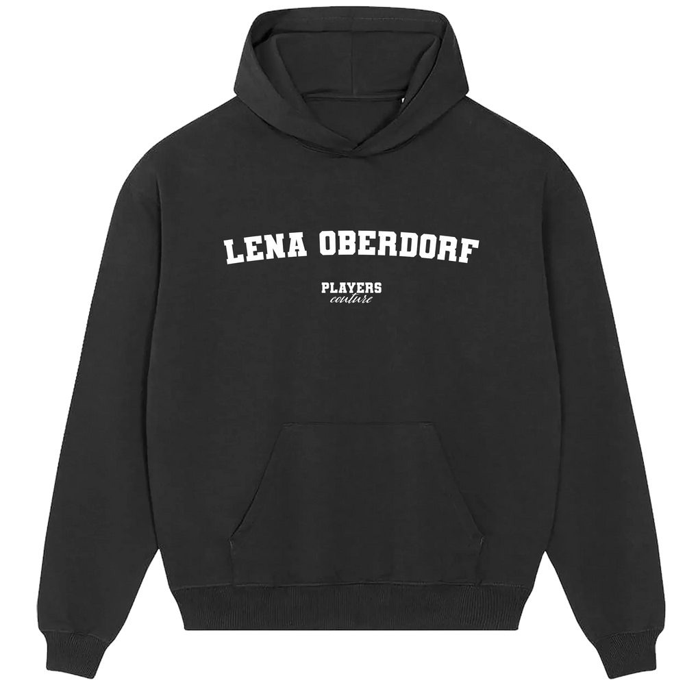 Lena Oberdorf hoodie – black men's hoodie with white Lena Oberdorf letters and Players Couture logo on the chest