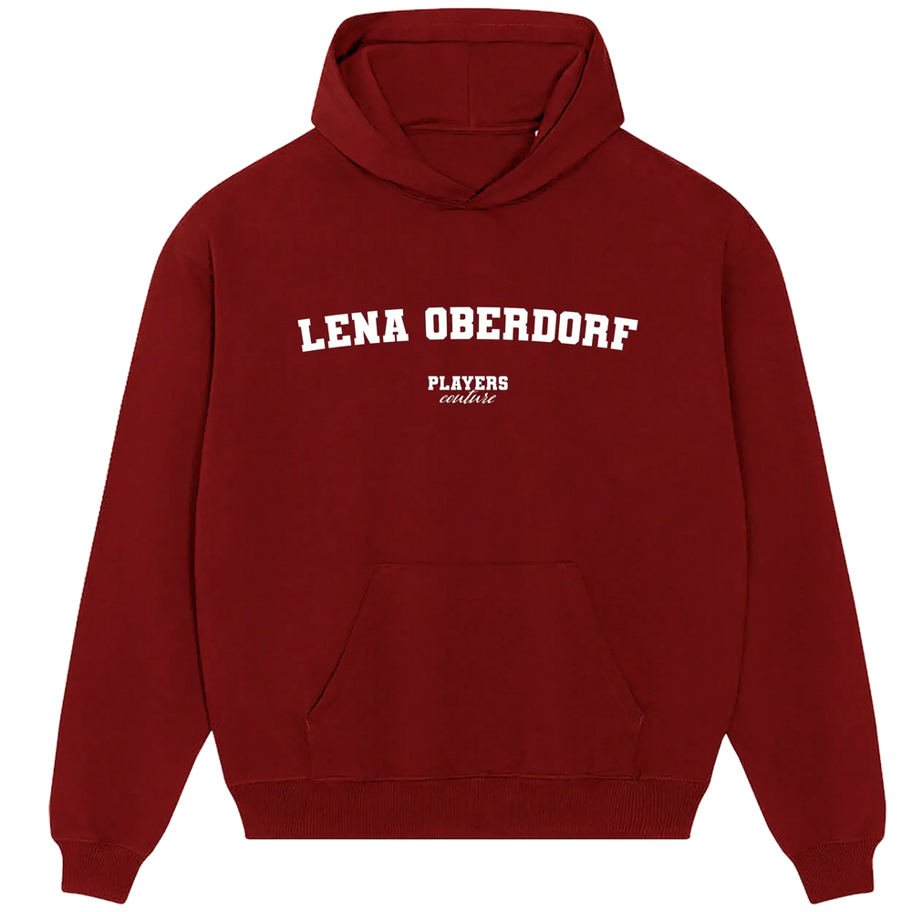 Lena Oberdorf hoodie – red men's hoodie with white Lena Oberdorf letters and Players Couture logo on the chest