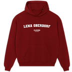 Lena Oberdorf hoodie – red men's hoodie with white Lena Oberdorf letters and Players Couture logo on the chest