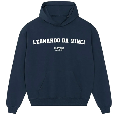 Leonardo Da Vinci hoodie – navy men's hoodie with white Leonardo Da Vinci letters and Players Couture logo on the chest