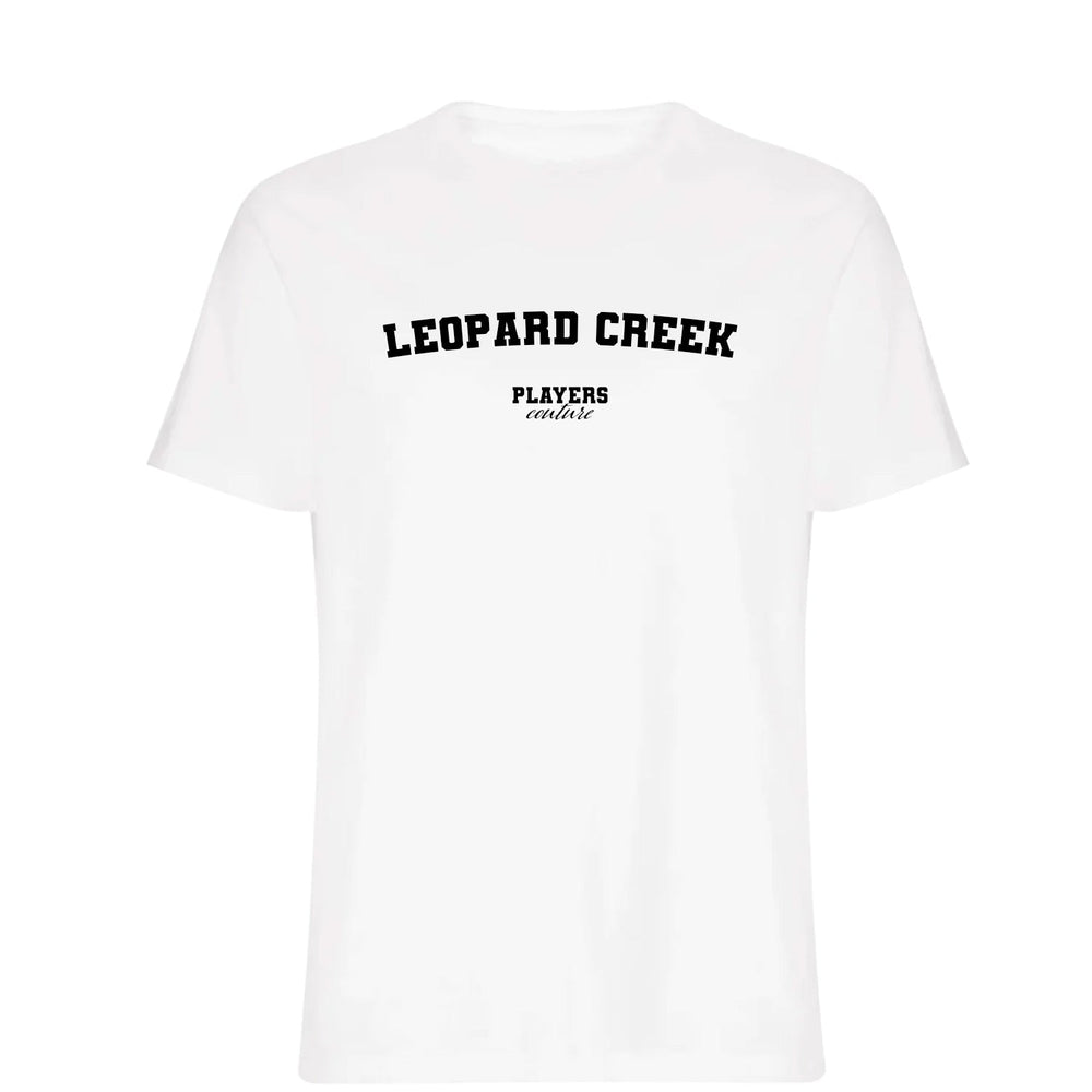 Leopard Creek men's T-shirt in white with bold name lettering