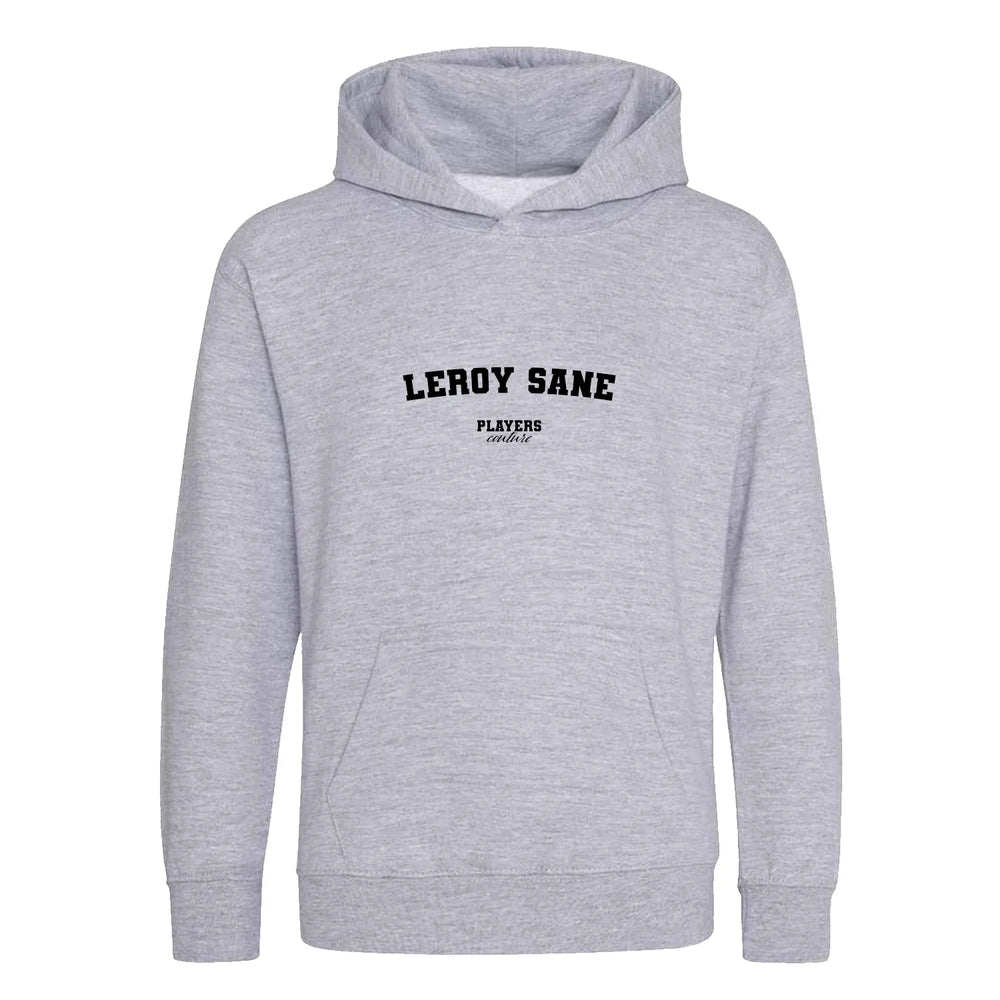 Leroy Sane hoodie – grey kids' hoodie with black Leroy Sane letters and Players Couture logo on the chest