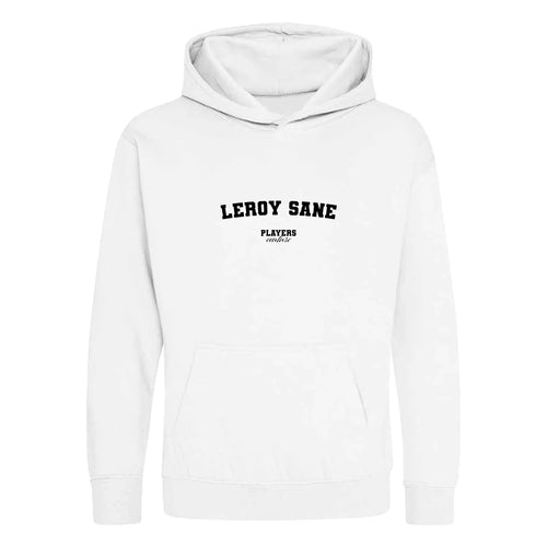 Leroy Sane hoodie – white kids' hoodie with black Leroy Sane letters and Players Couture logo on the chest