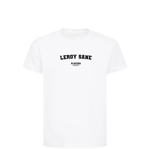 Leroy Sane t-shirt – white kids' t-shirt with black Leroy Sane letters and Players Couture logo on the chest