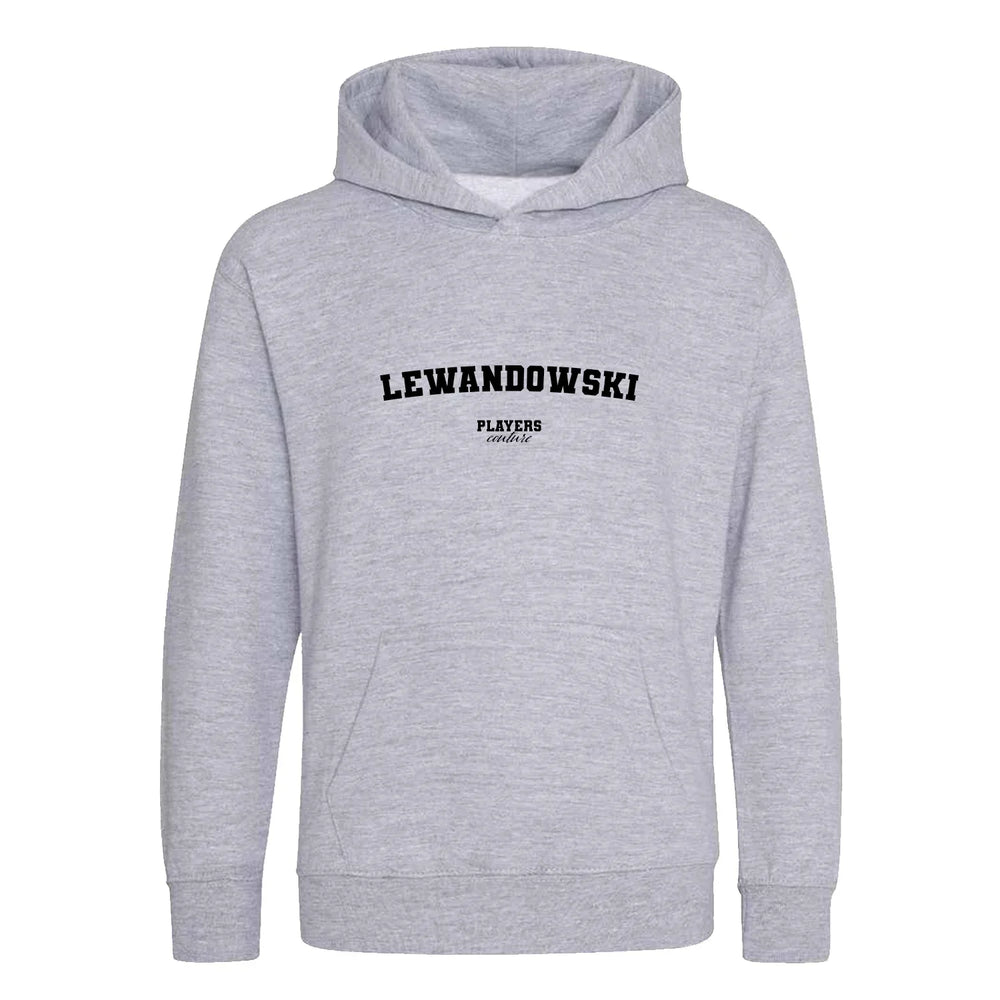 Robert Lewandowski hoodie – grey kids' hoodie with black Robert Lewandowski letters and Players Couture logo on the chest