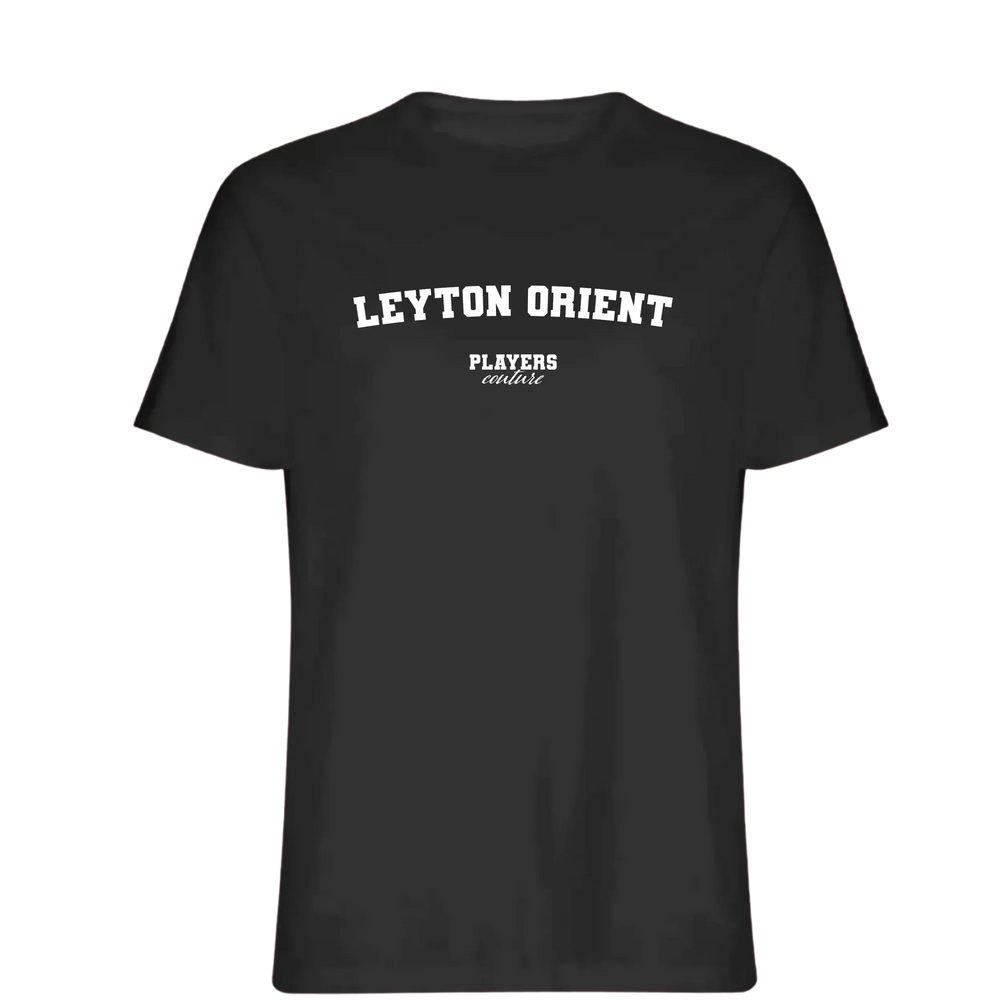 Leyton Orient t-shirt – black men's t-shirt with white Leyton Orient letters and Players Couture logo on the chest