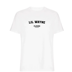 Lil Wayne t-shirt – white men's t-shirt with black Lil Wayne letters and Players Couture logo on the chest