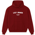 Lily James hoodie – red men's hoodie with white Lily James letters and Players Couture logo on the chest