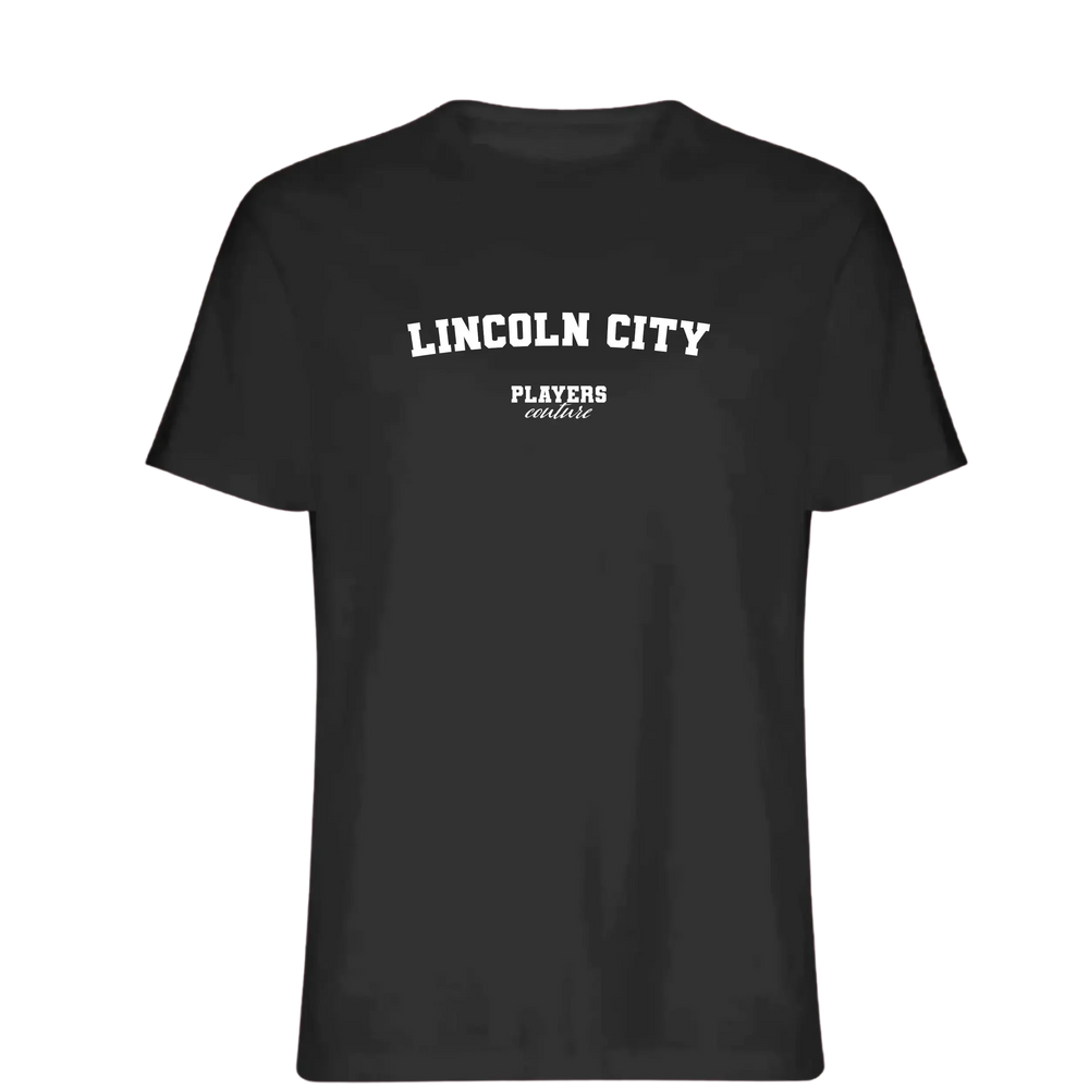 Lincoln City t-shirt – black men's t-shirt with white Lincoln City letters and Players Couture logo on the chest