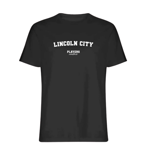 Lincoln City t-shirt – black men's t-shirt with white Lincoln City letters and Players Couture logo on the chest