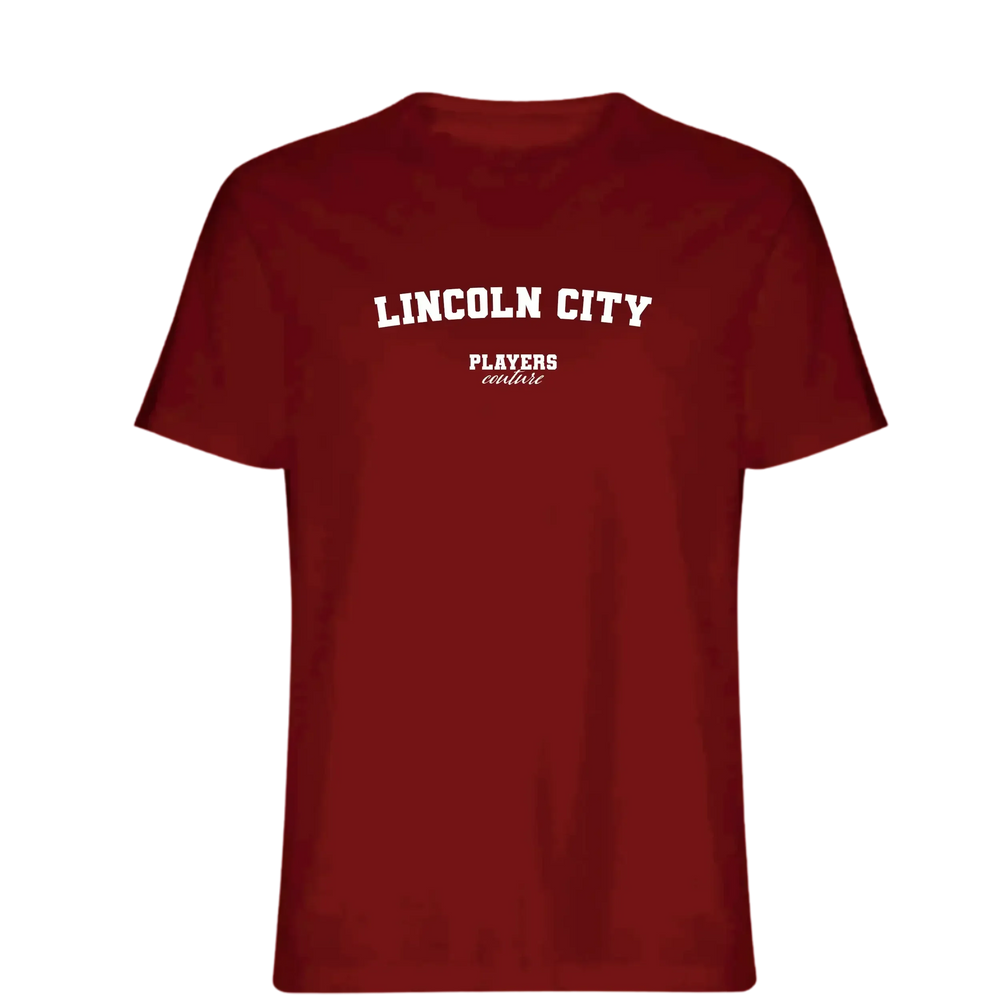 Lincoln City t-shirt – red men's t-shirt with white Lincoln City letters and Players Couture logo on the chest