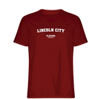 Lincoln City t-shirt – red men's t-shirt with white Lincoln City letters and Players Couture logo on the chest