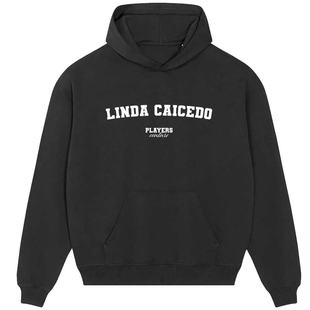 Linda Caicedo hoodie – black men's hoodie with white Linda Caicedo letters and Players Couture logo on the chest