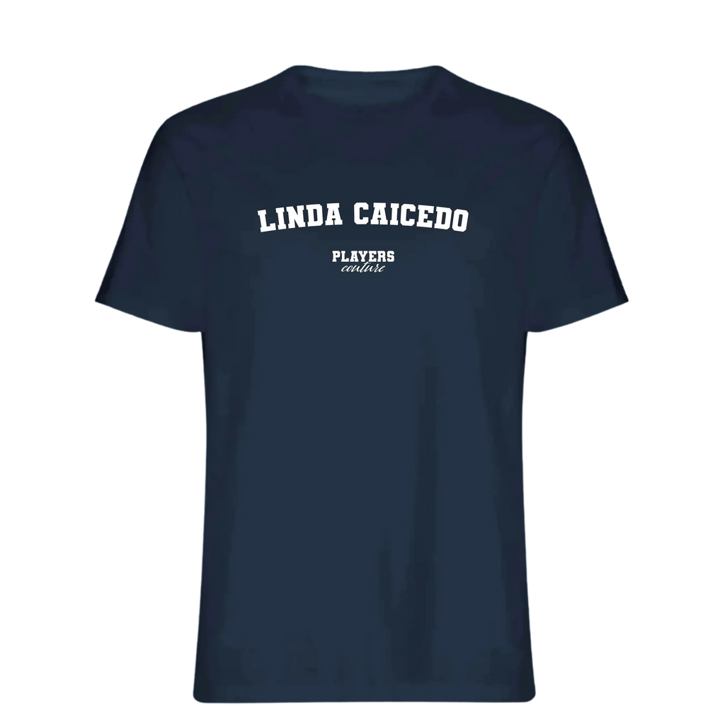 Linda Caicedo t-shirt – navy men's t-shirt with white Linda Caicedo letters and Players Couture logo on the chest