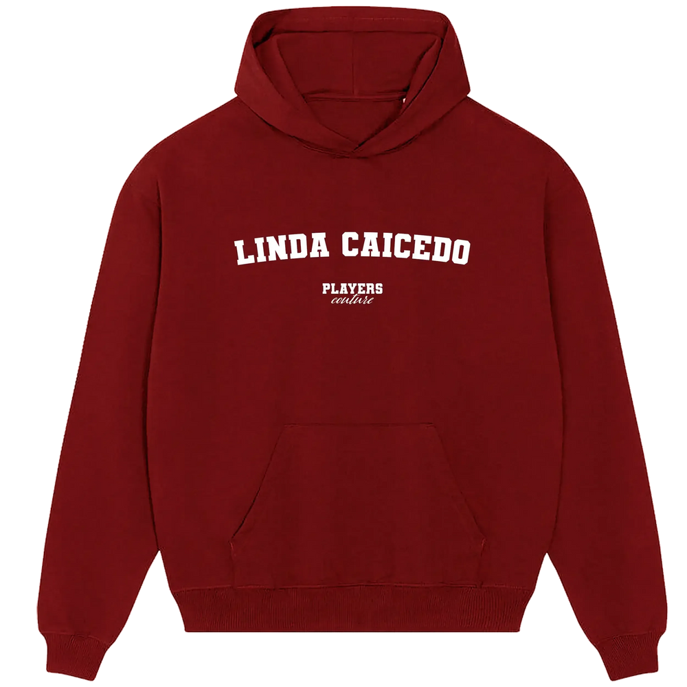Linda Caicedo hoodie – red men's hoodie with white Linda Caicedo letters and Players Couture logo on the chest
