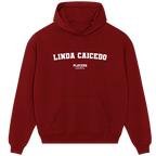 Linda Caicedo hoodie – red men's hoodie with white Linda Caicedo letters and Players Couture logo on the chest