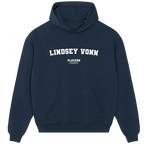 Lindsey Vonn hoodie – navy men's hoodie with white Lindsey Vonn letters and Players Couture logo on the chest