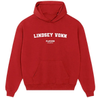 Lindsey Vonn hoodie – red men's hoodie with white Lindsey Vonn letters and Players Couture logo on the chest
