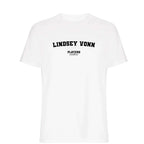 Lindsey Vonn t-shirt – white men's t-shirt with black Lindsey Vonn letters and Players Couture logo on the chest