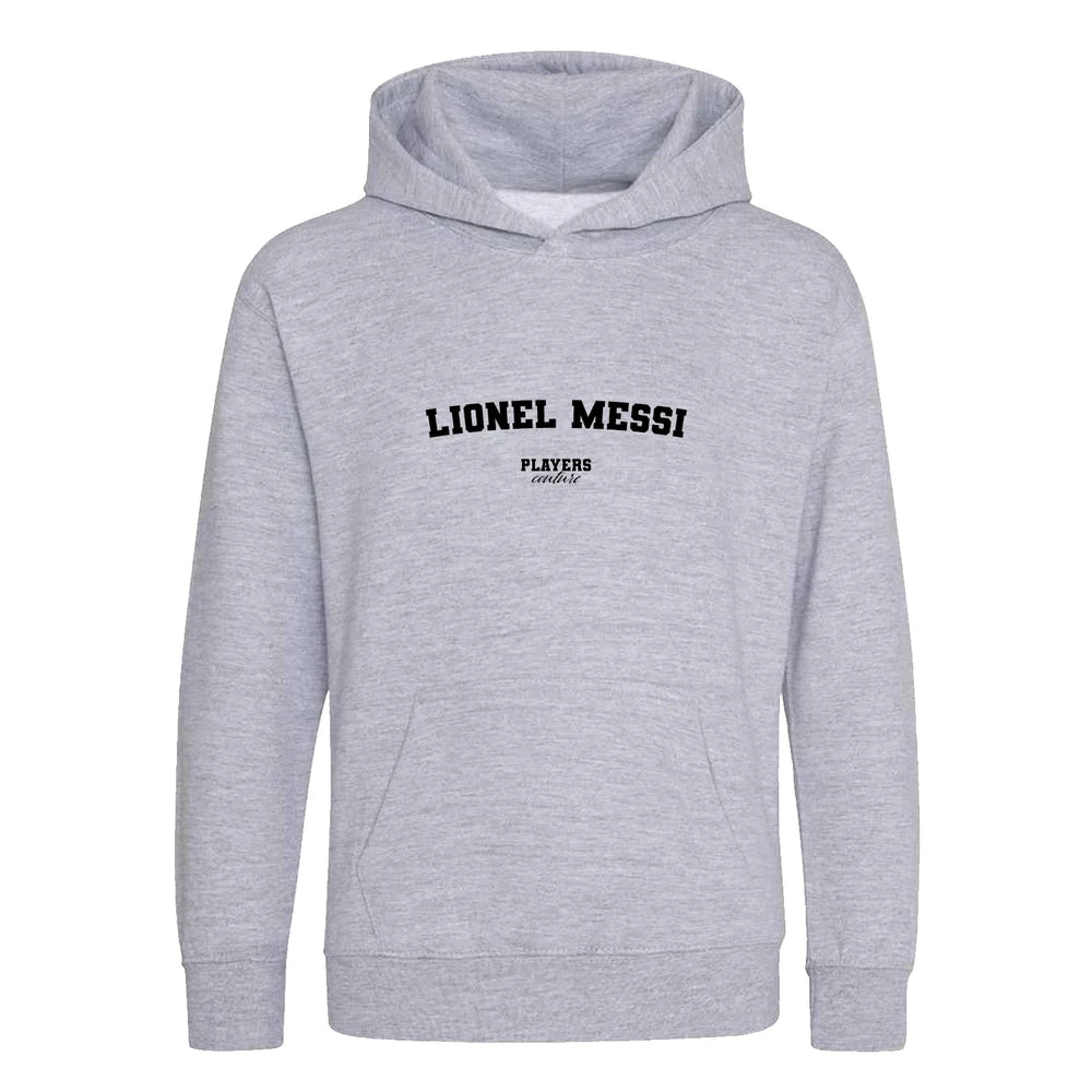 Lionel Messi hoodie – grey kids' hoodie with black Lionel Messi letters and Players Couture logo on the chest