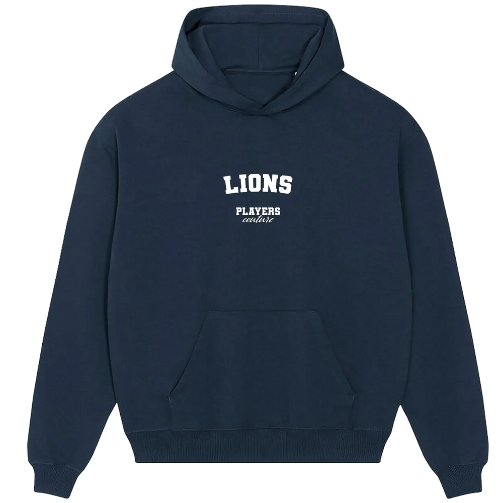 Lions hoodie – navy men's hoodie with white Lions letters and Players Couture logo on the chest