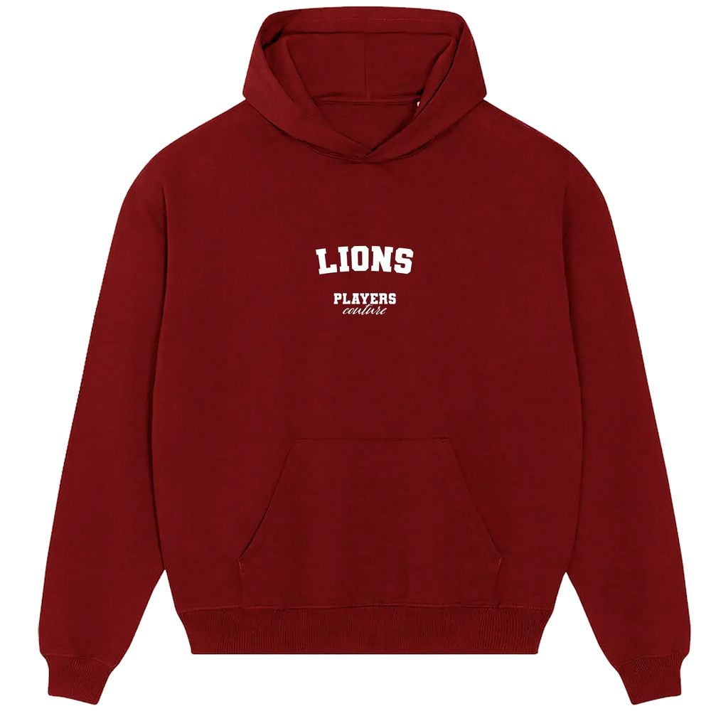 Lions hoodie – red men's hoodie with white Lions letters and Players Couture logo on the chest