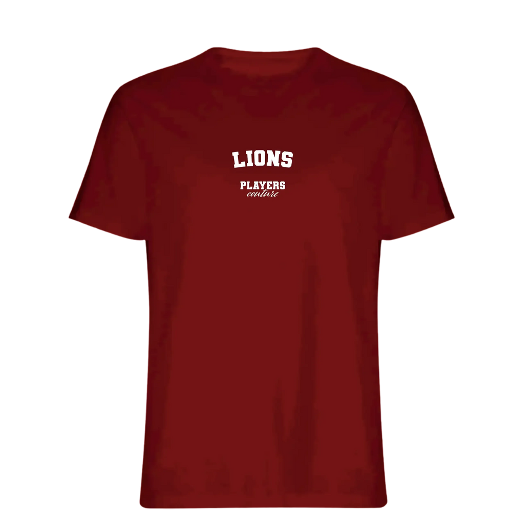 Lions t-shirt – red men's t-shirt with white Lions letters and Players Couture logo on the chest