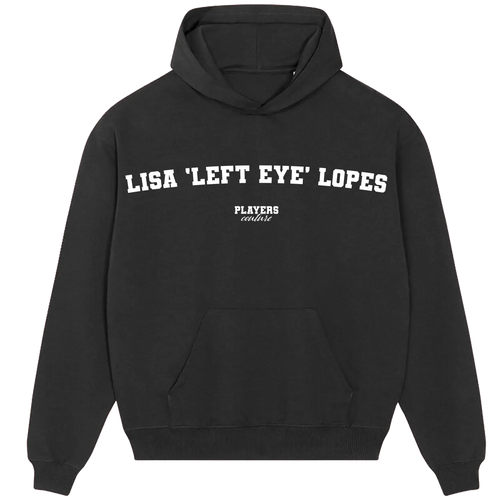 Lisa 'Left Eye' Lopes hoodie – black men's hoodie with white Lisa 'Left Eye' Lopes letters and Players Couture logo on the