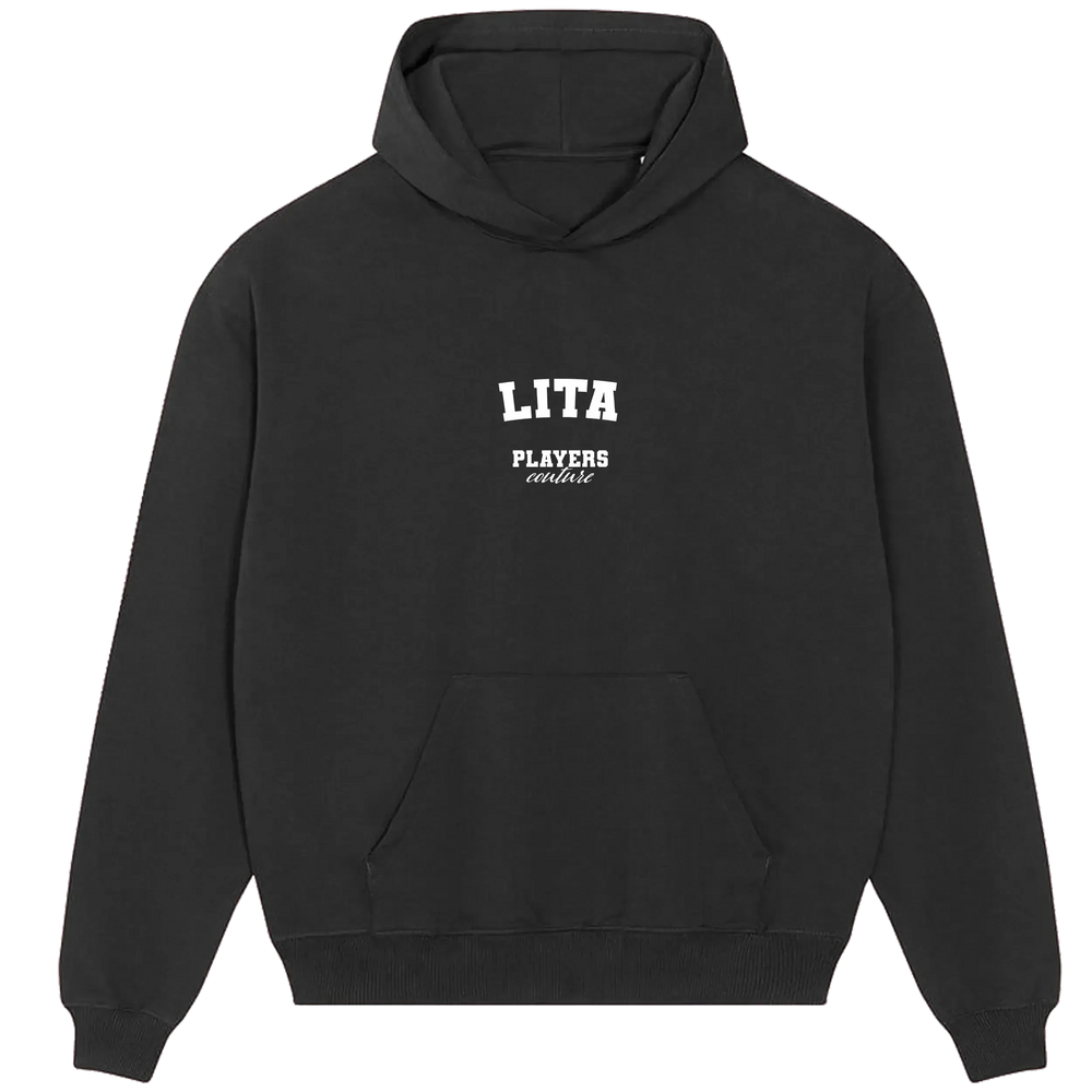 Lita hoodie – black men's hoodie with white Lita letters and Players Couture logo on the chest