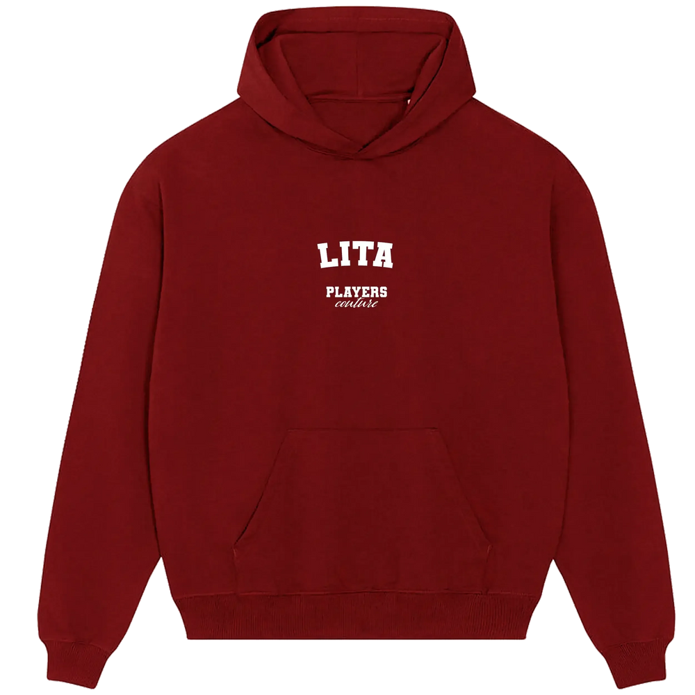 Lita hoodie – red men's hoodie with white Lita letters and Players Couture logo on the chest