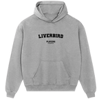 Liverbird hoodie – grey men's hoodie with black Liverbird letters and Players Couture logo on the chest