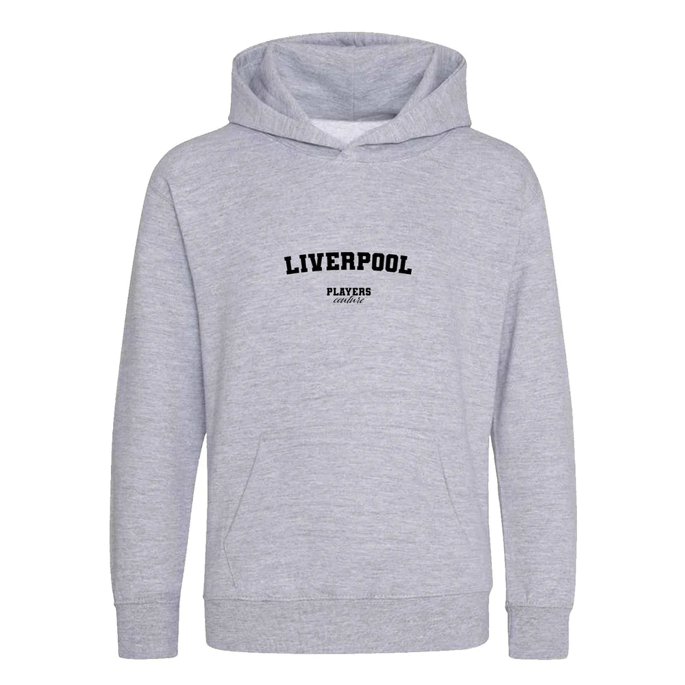 Liverpool hoodie – grey kids' hoodie with black Liverpool letters and Players Couture logo on the chest