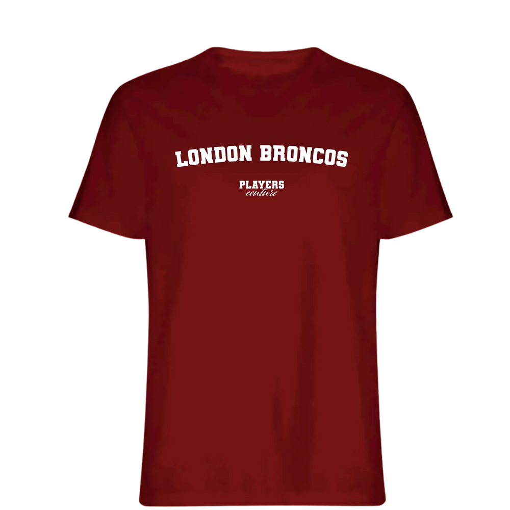 London Broncos t-shirt – red men's t-shirt with white London Broncos letters and Players Couture logo on the chest