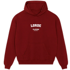 Lorde hoodie – red men's hoodie with white Lorde letters and Players Couture logo on the chest